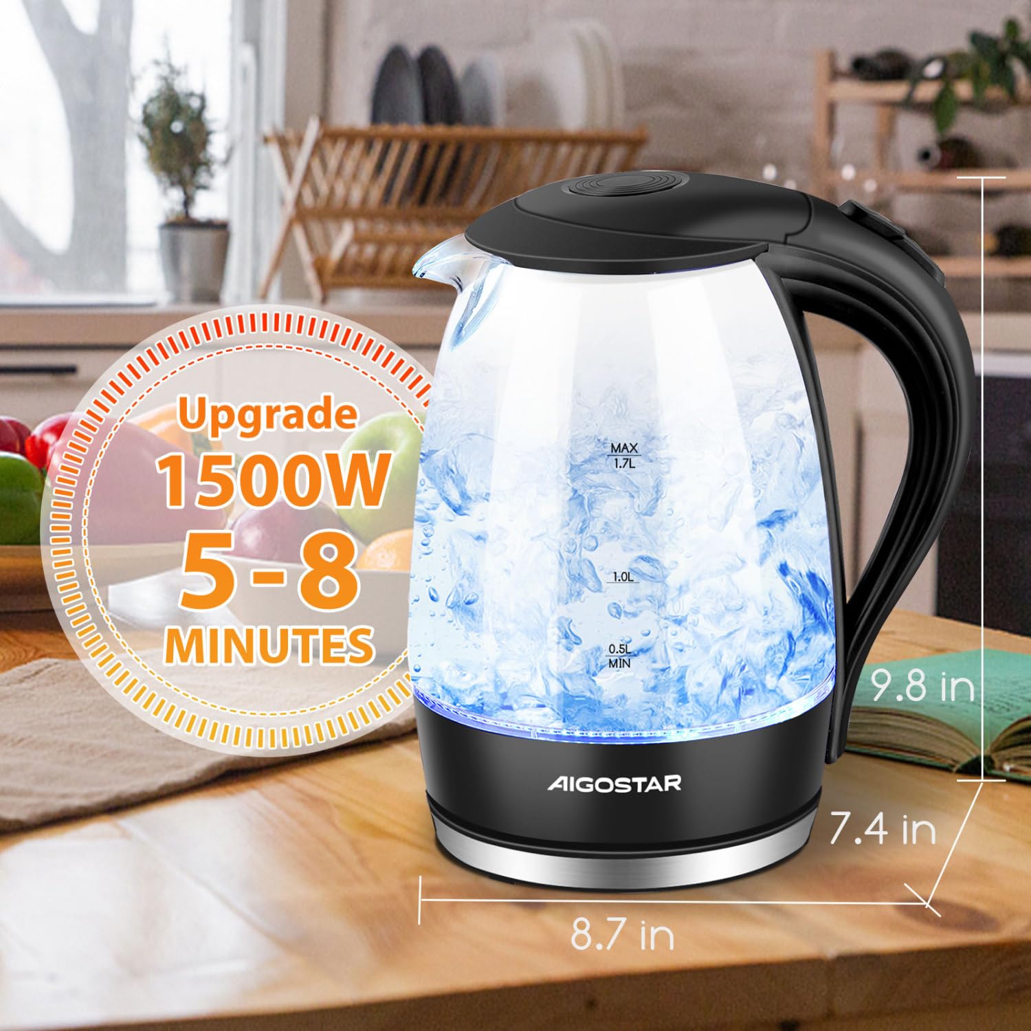 Hervidor Aigostar con base giratoria de 360 grados para un manejo cómodo.