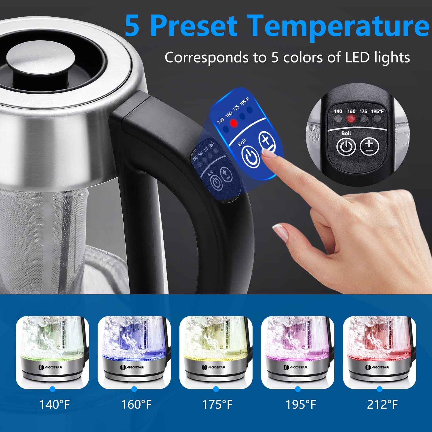 Hervidor Aigostar con infusor removible para té suelto o en bolsita