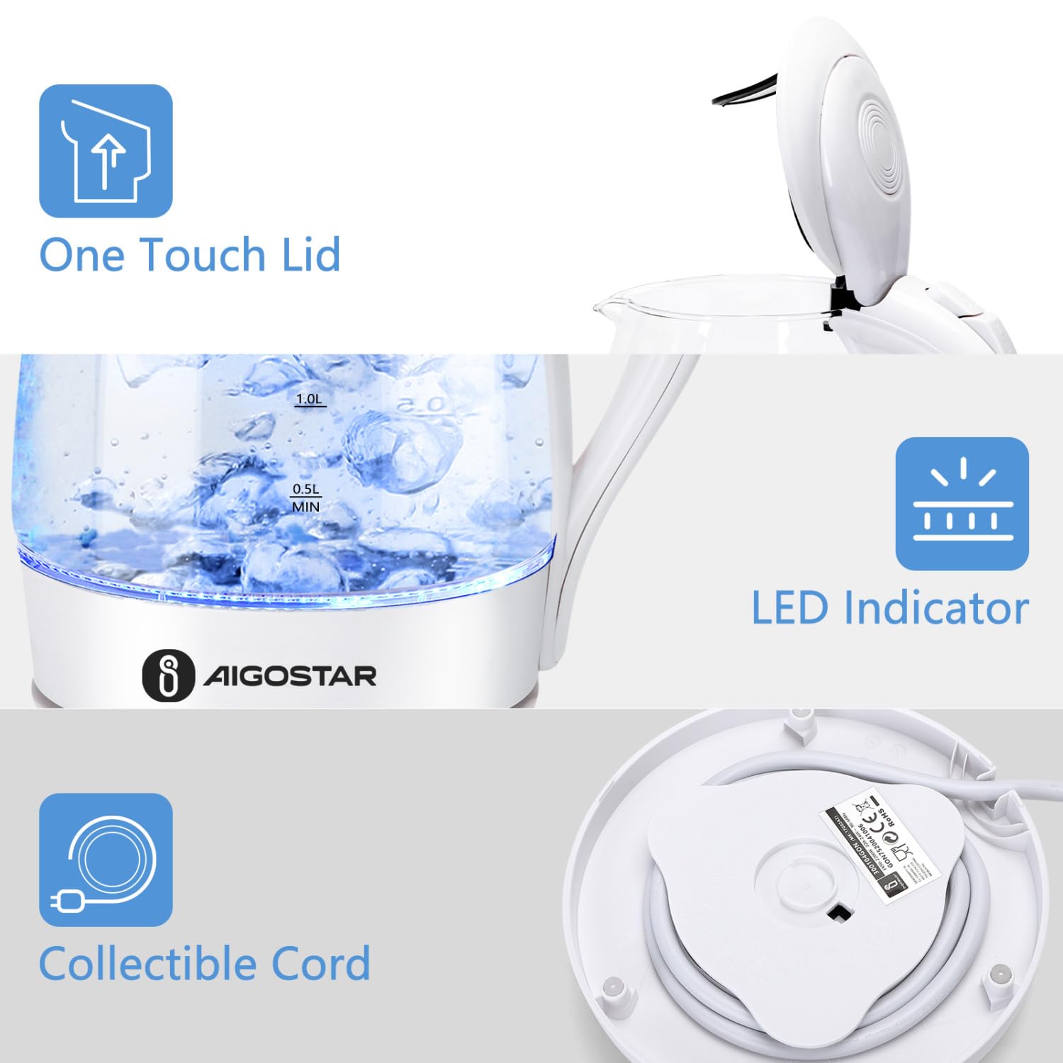 Hervidor Aigostar con indicador LED azul para saber cuándo está en marcha.