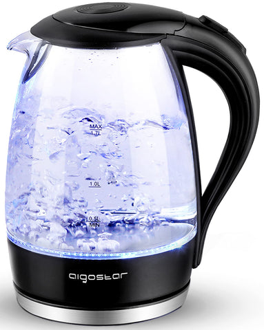 Hervidor Aigostar con iluminación azul para ver el agua clara mientras hierve, útil para té y café.