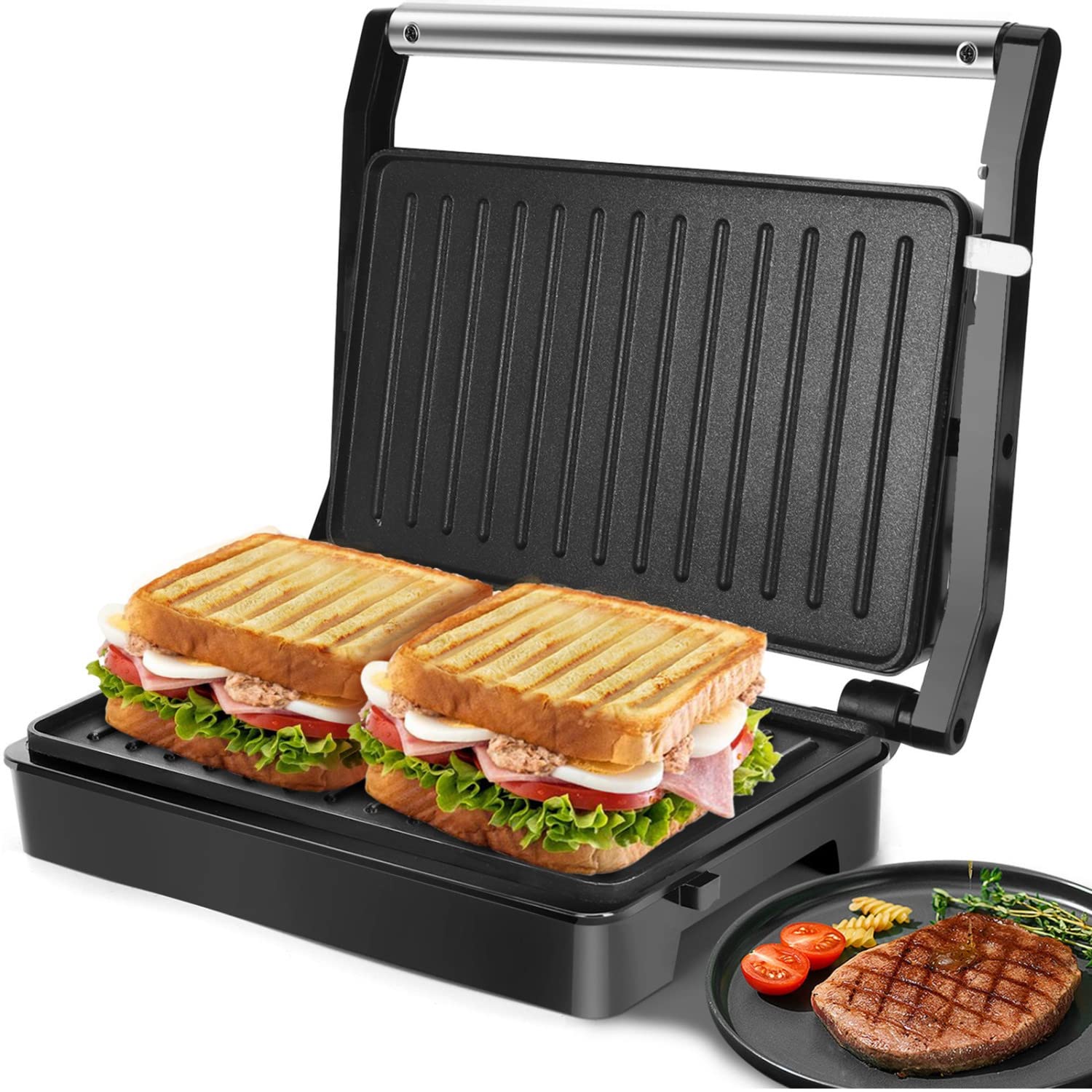 Aigostar prensa sándwich con placas antiadherentes para resultados crujientes y limpieza fácil.