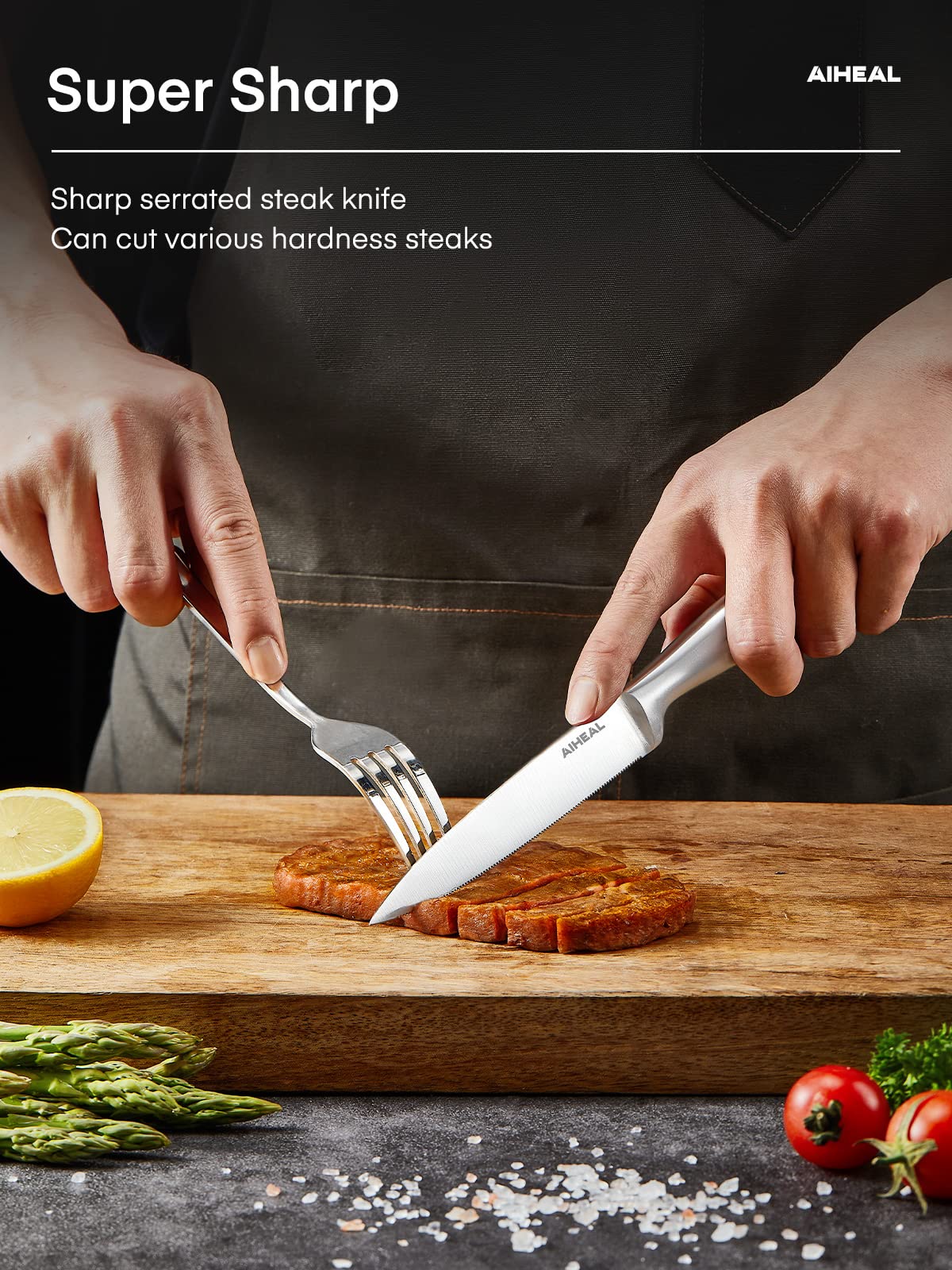Corte preciso en tabla con cuchillos Aiheal para bistec