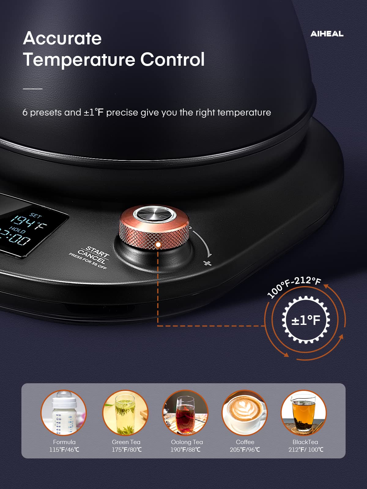 Aiheal hervidor con ajuste de temperatura de un grado.