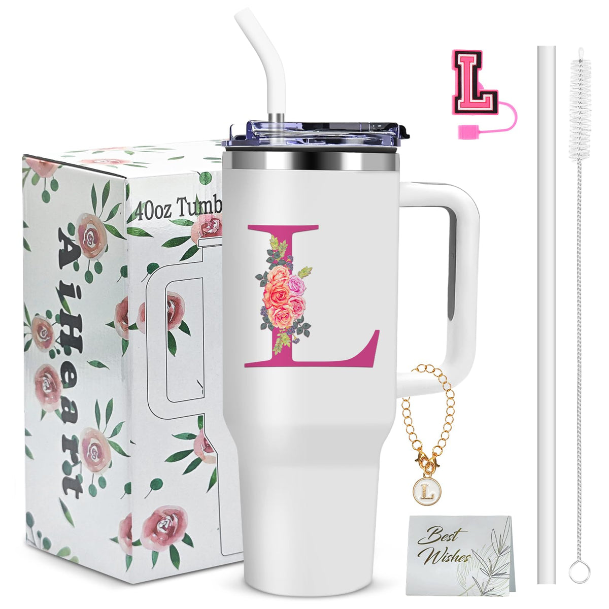 AiHeart Tumbler 40oz con iniciales coloridas para regalo personalizado