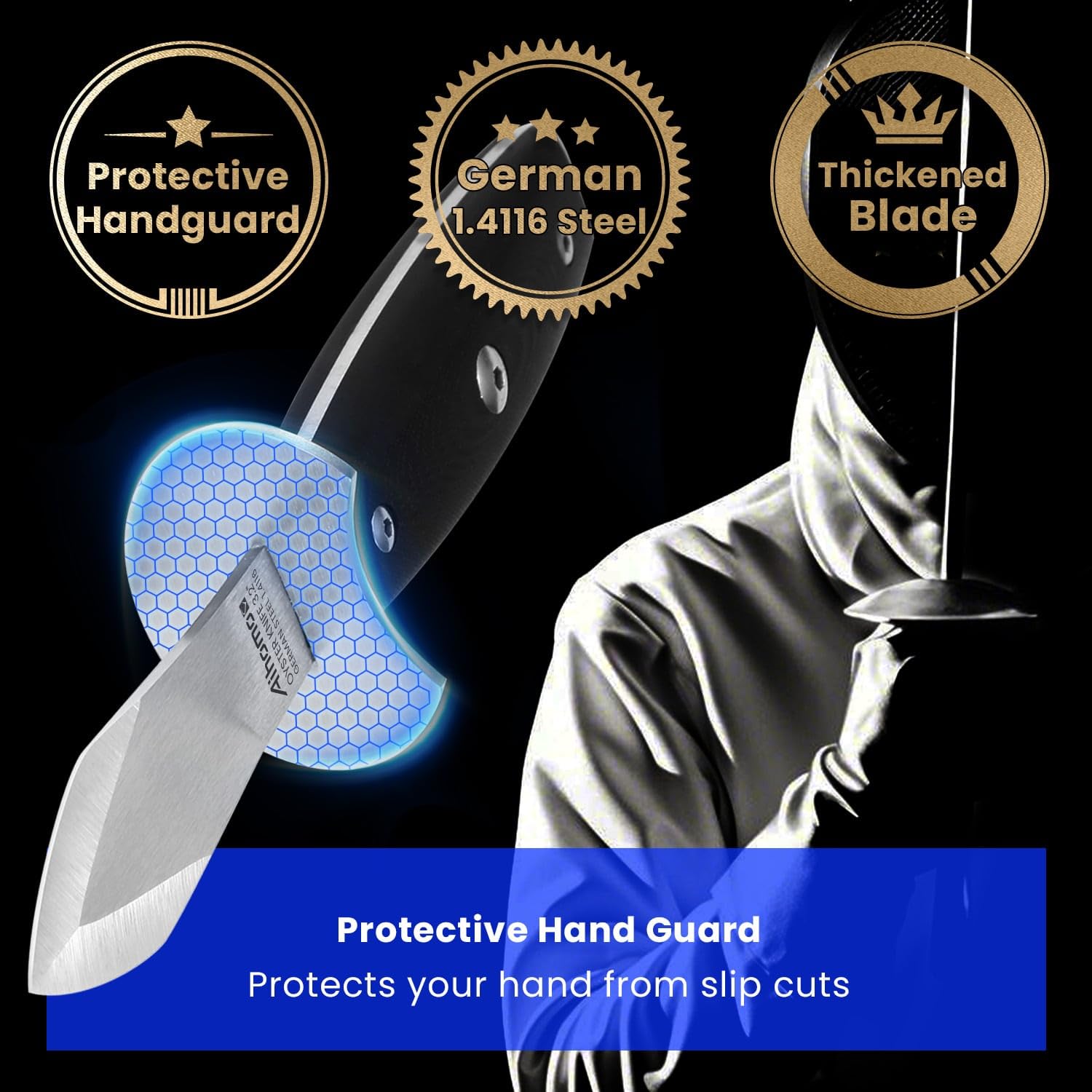 Aihomo con guardia protectora para evitar deslizamientos y cortes.