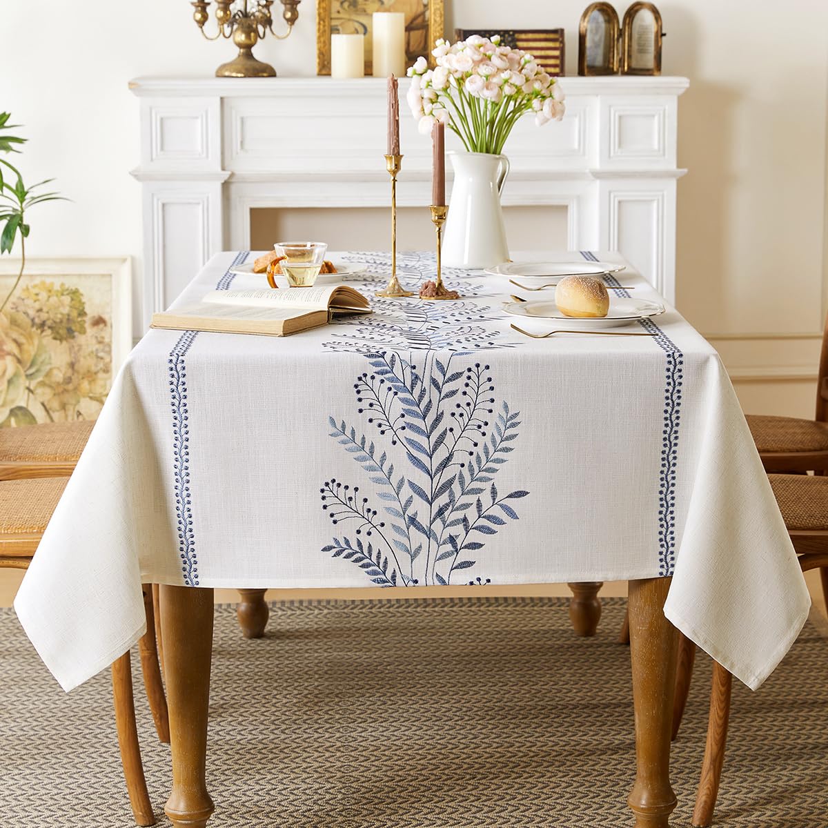 Aiimart mantel estilo lino bordado azul 55x71 para comedor elegante