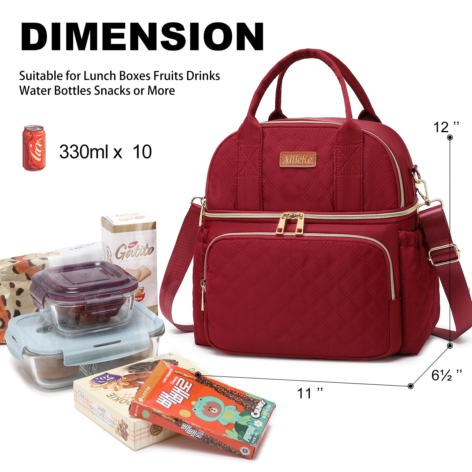 AIJIEKE bolsa de almuerzo: bolsillo frontal con cremallera para teléfono o billetera.