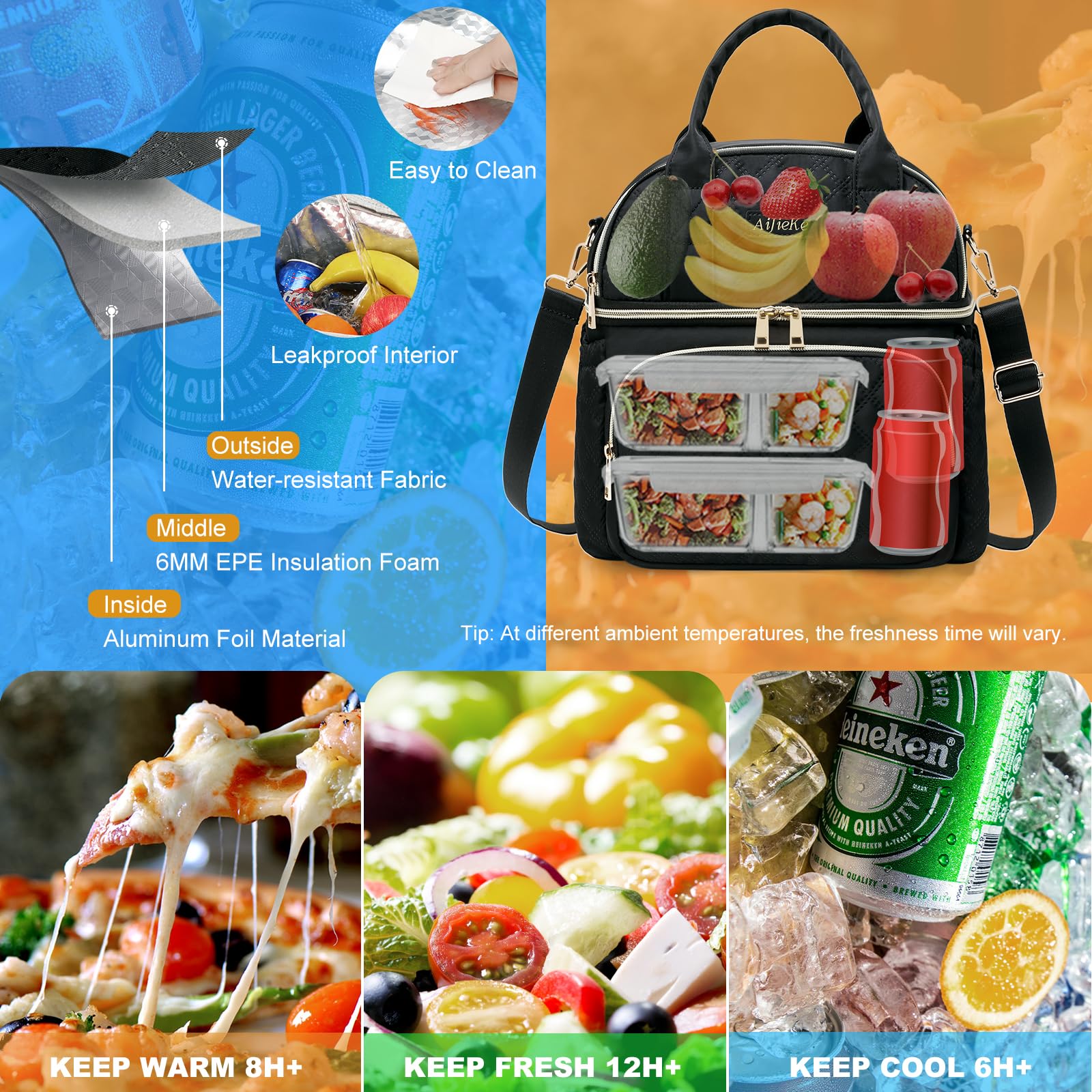 AIJIEKE bolsa de almuerzo con bolsillos laterales para botellas y utensilios.