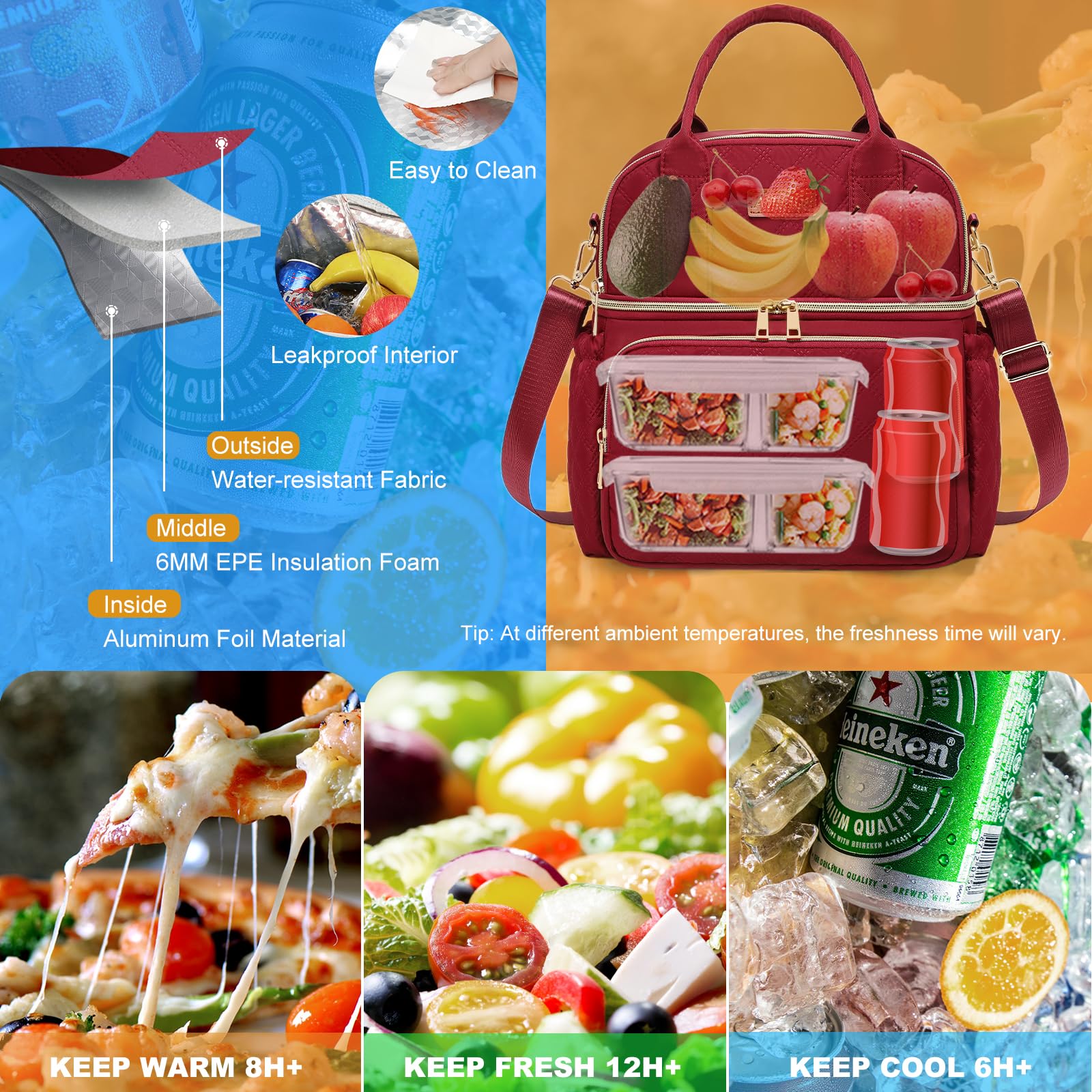 AIJIEKE bolsa de almuerzo: bolsillos laterales elásticos para botellas o utensilios.