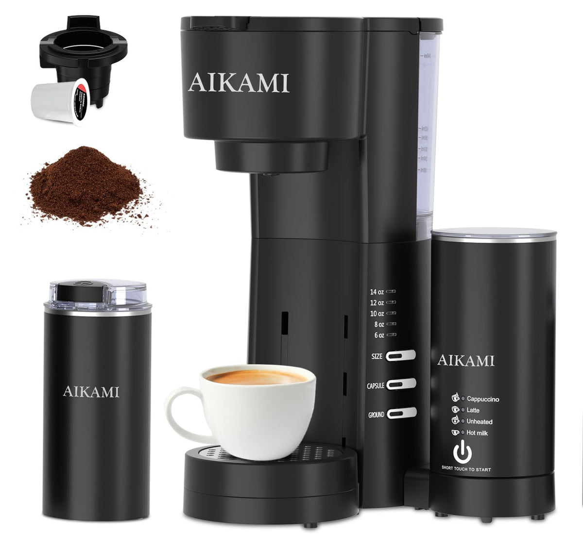 AIKAMI cafetera 4 en 1 para pod y granos, versátil para diferentes gustos.