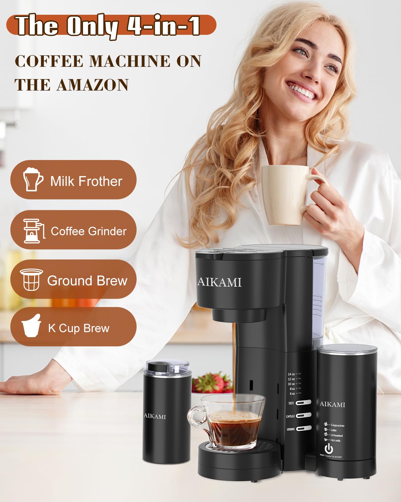 AIKAMI cafetera con molino incorporado para moler granos frescos al instante.