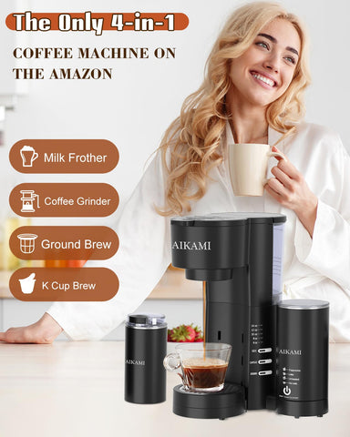 AIKAMI cafetera con molino incorporado para moler granos frescos al instante.