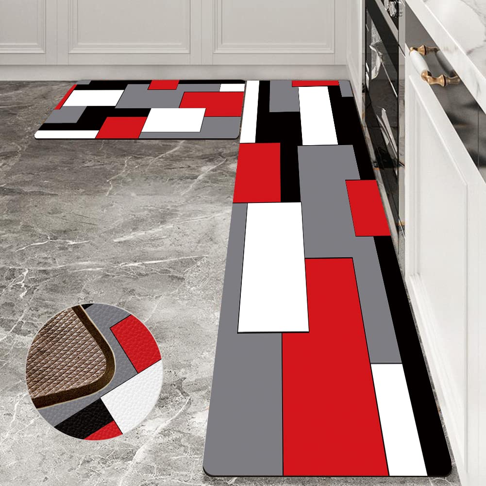 Alfombra AILUER con arte geométrico rojo, ideal frente al fregadero para reducir fatiga