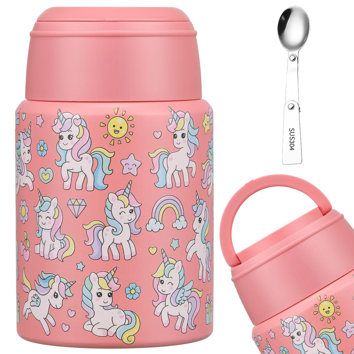 Aimsnk Sopa Termo rosado unicornio con asa plegable para meriendas escolares.
