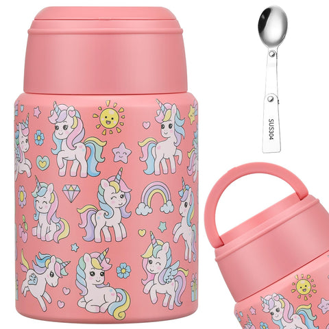 Aimsnk Sopa Termo rosado unicornio con asa plegable para meriendas escolares.