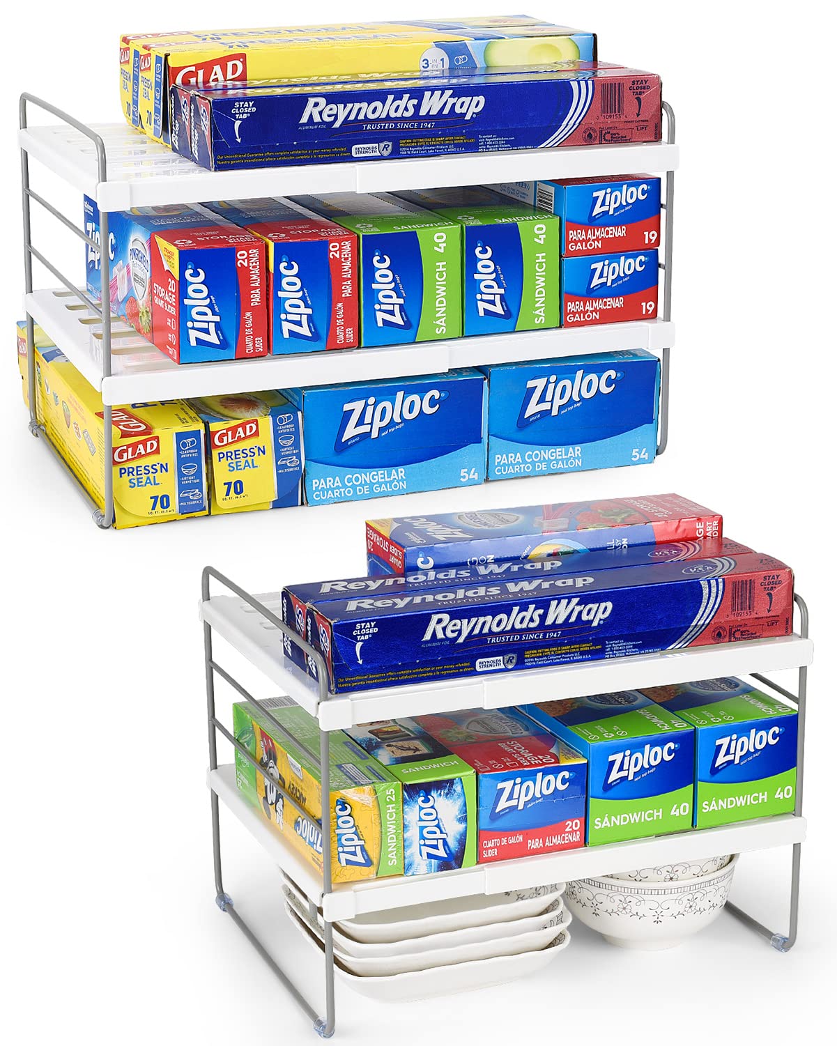 Organizador de wraps Aionvidas 2-pack para optimizar espacio en la despensa.