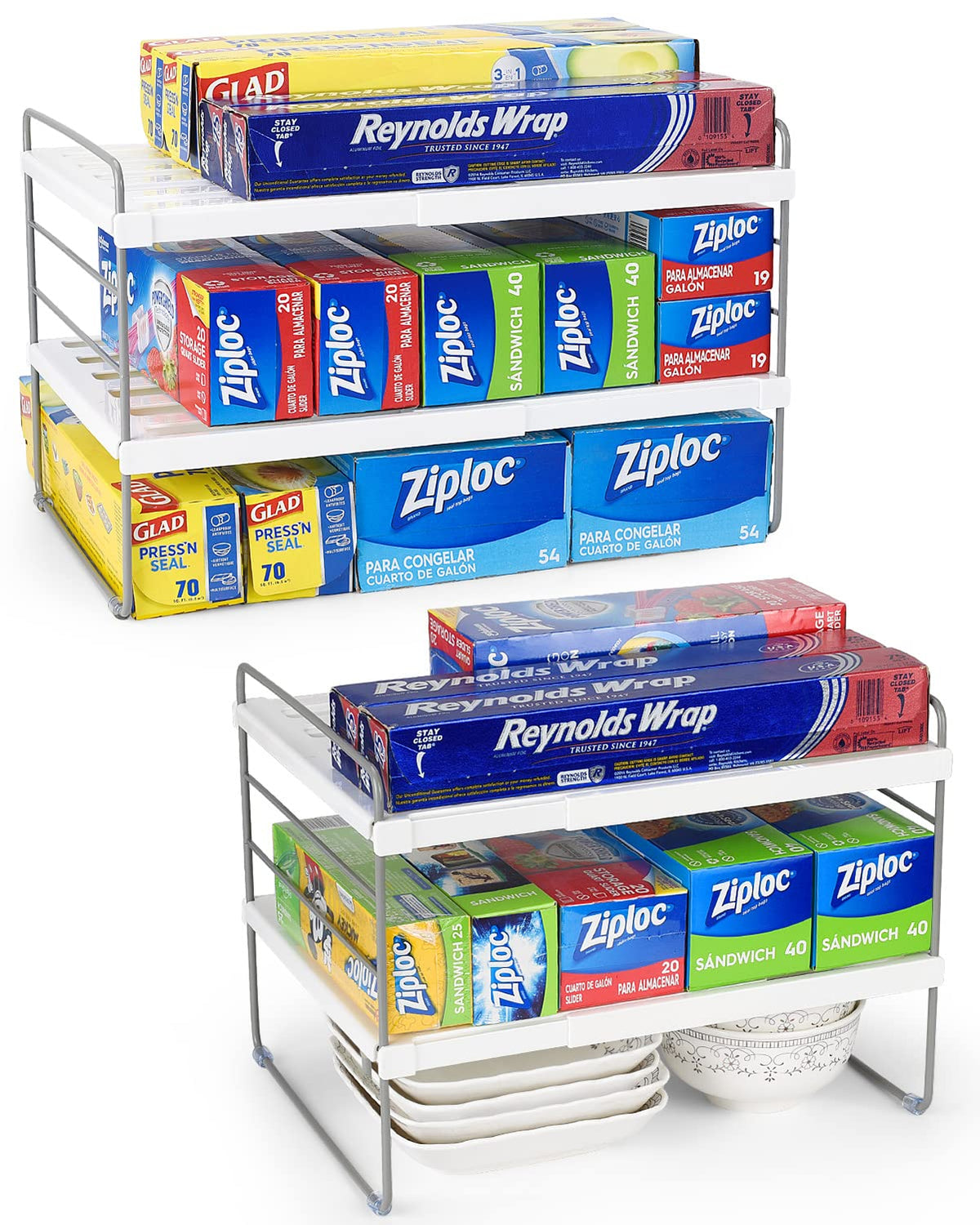Organizador de wraps Aionvidas 2-pack para optimizar espacio en la despensa.