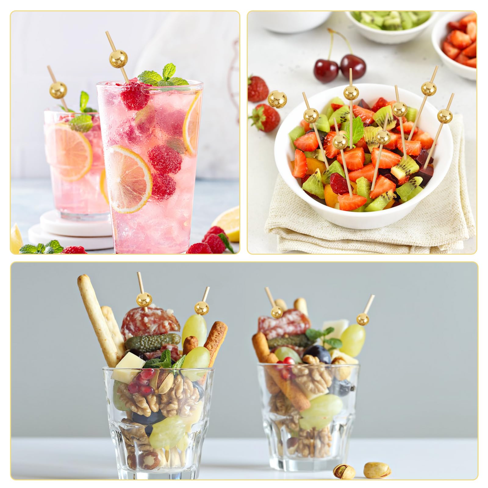AIPNUN palillos frutas oro-rosa bambú, prácticos para pinchar y presentar.