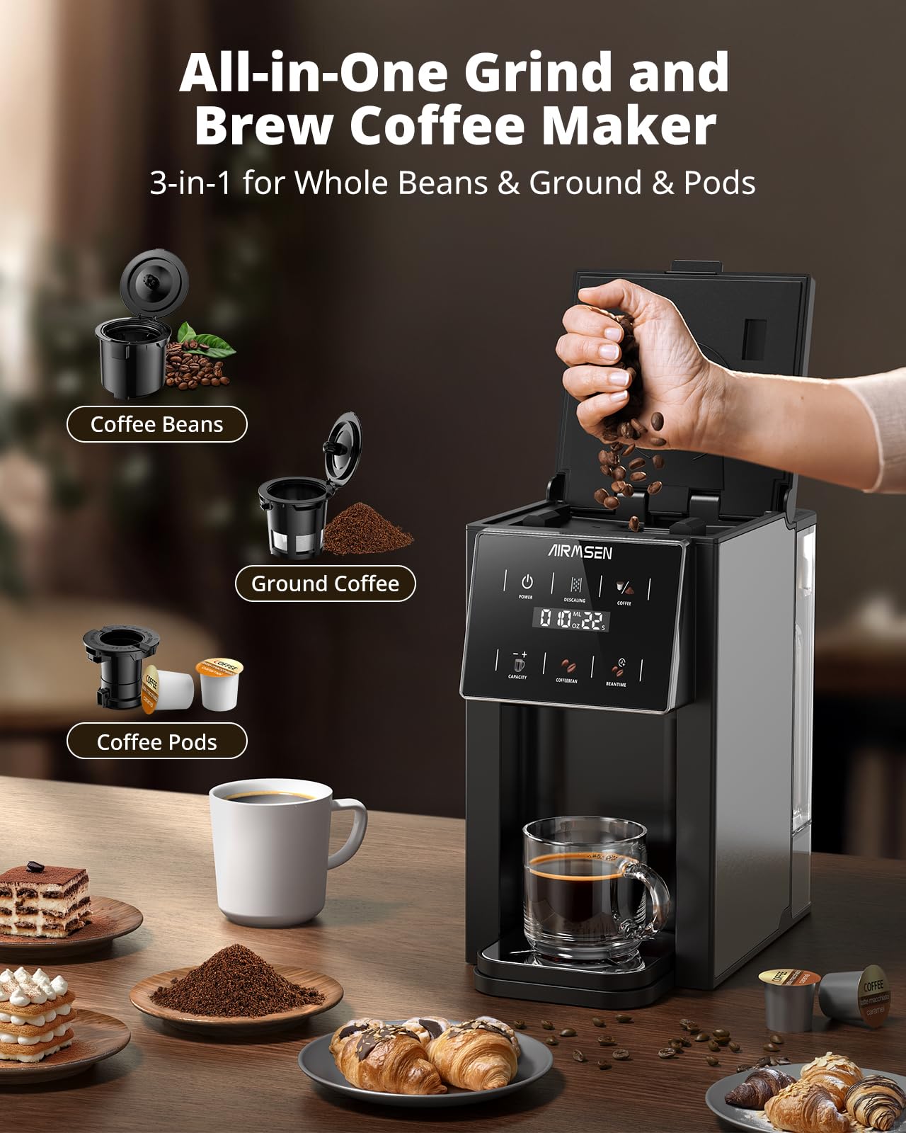 Airmsen cafetera con cápsulas y granos admite rapidez y versatilidad.