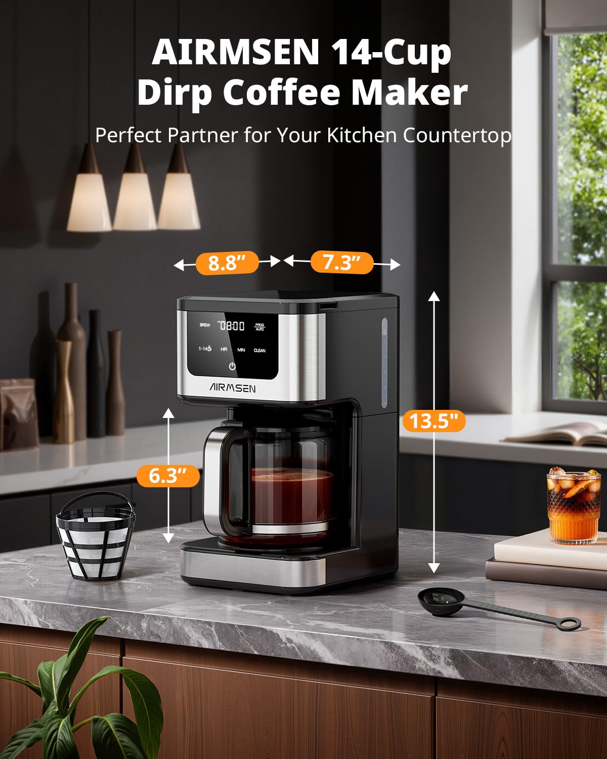 AirMSEN Cafetera tanque 2,1 L muestra capacidad para grandes desayunos familiares