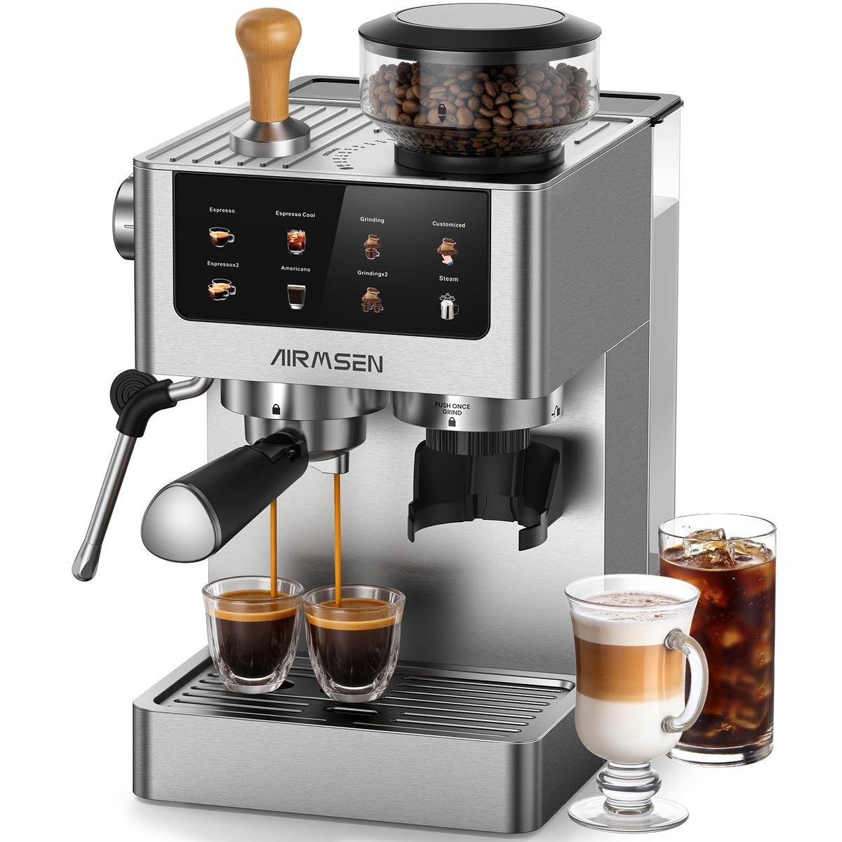 AirMSEN máquina espresso en acero inoxidable para uso diario en la cocina.