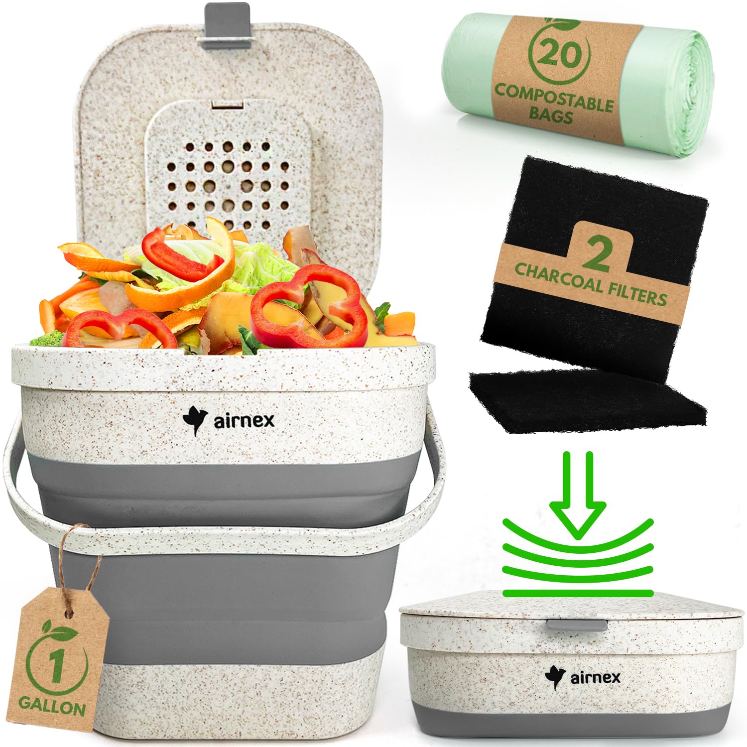 AIRNEX contenedor de compostaje colapsable con tapa, ideal para cocina sin desorden.