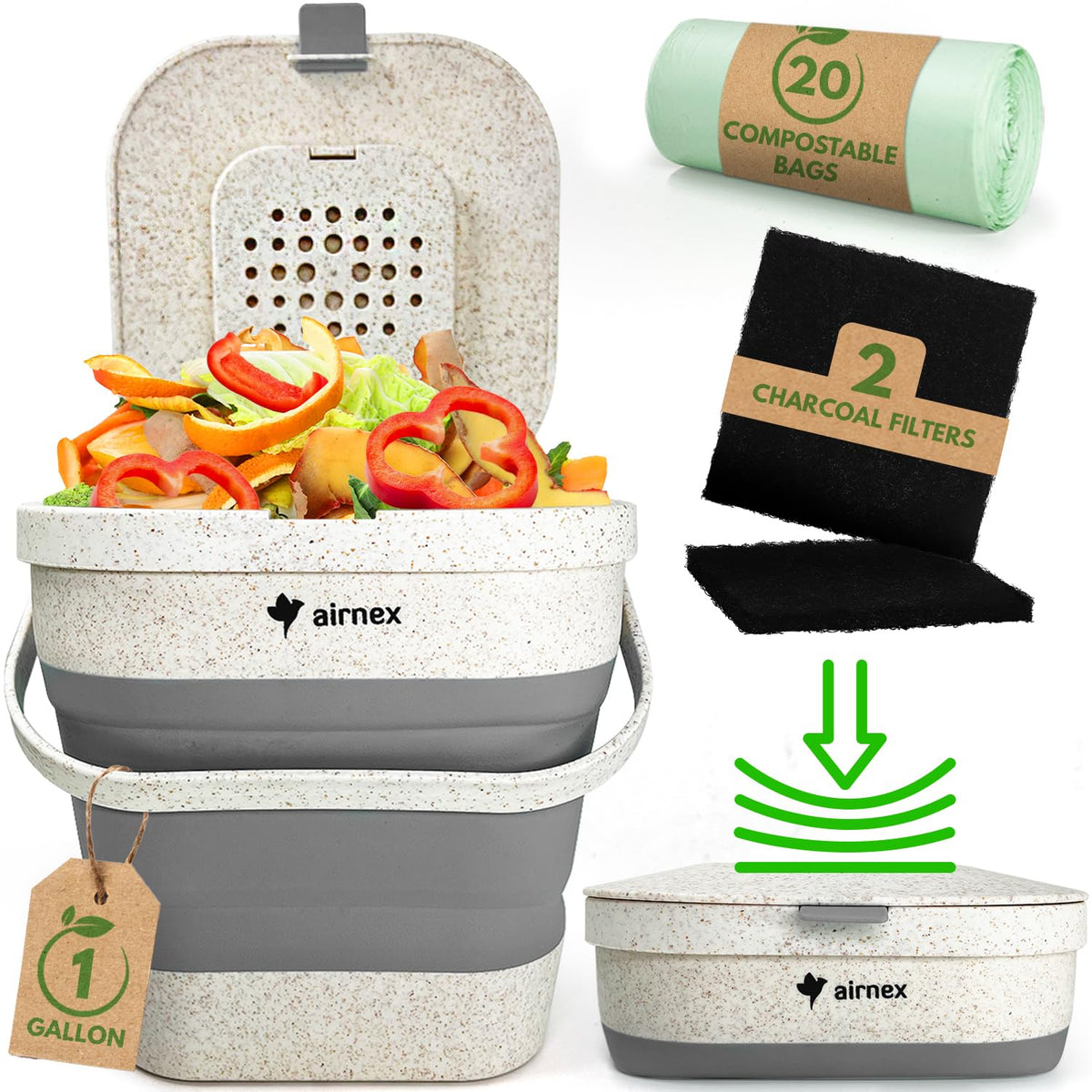 AIRNEX contenedor de compostaje colapsable con tapa, ideal para cocina sin desorden.