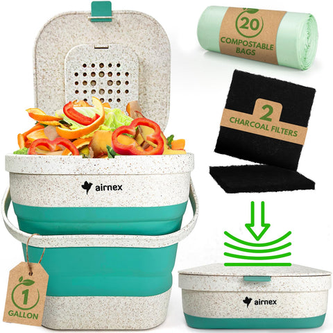 AirNEX cubo de compost colapsable con tapa en mesa para residuos orgánicos fáciles de manejar.