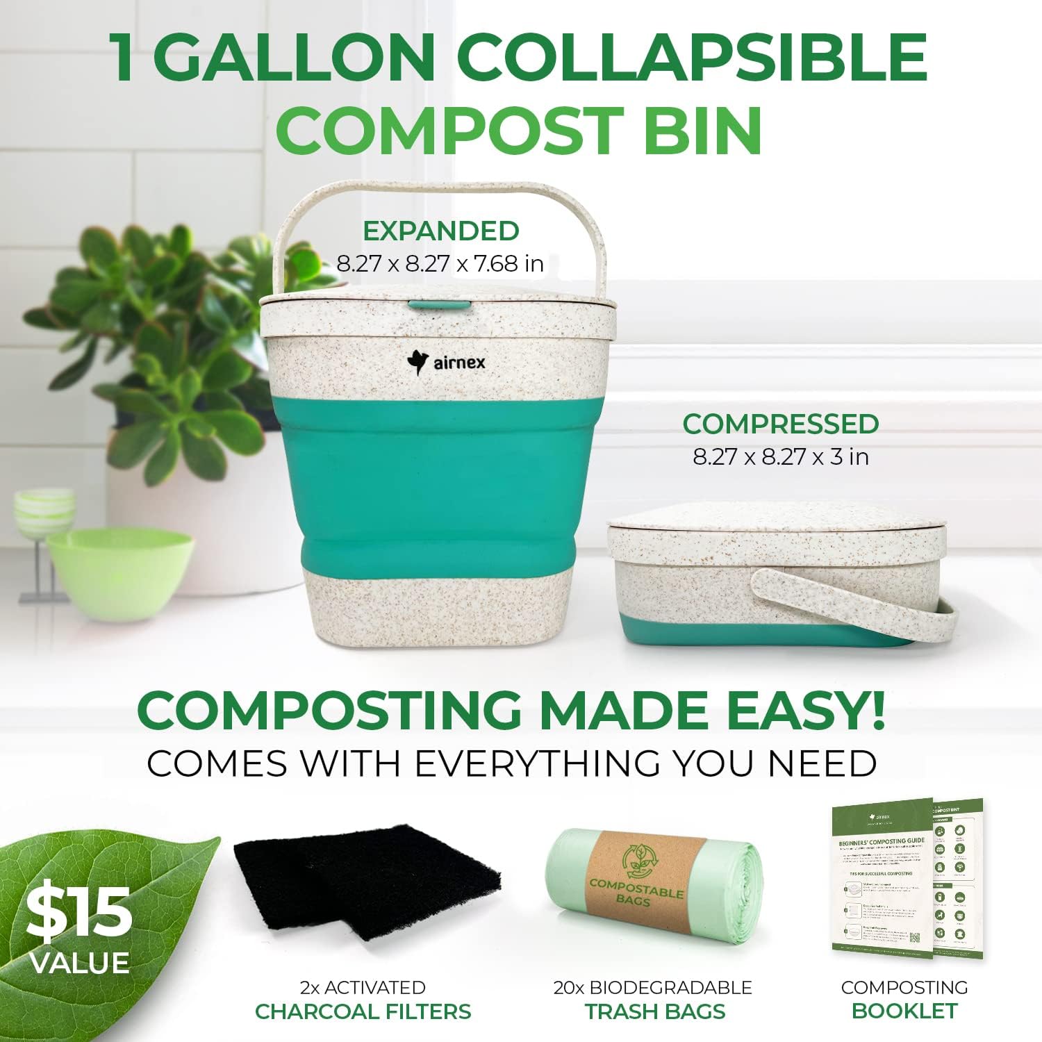 AirNEX cubo compost sin olor con tapa cerrada para cocina ordenada.