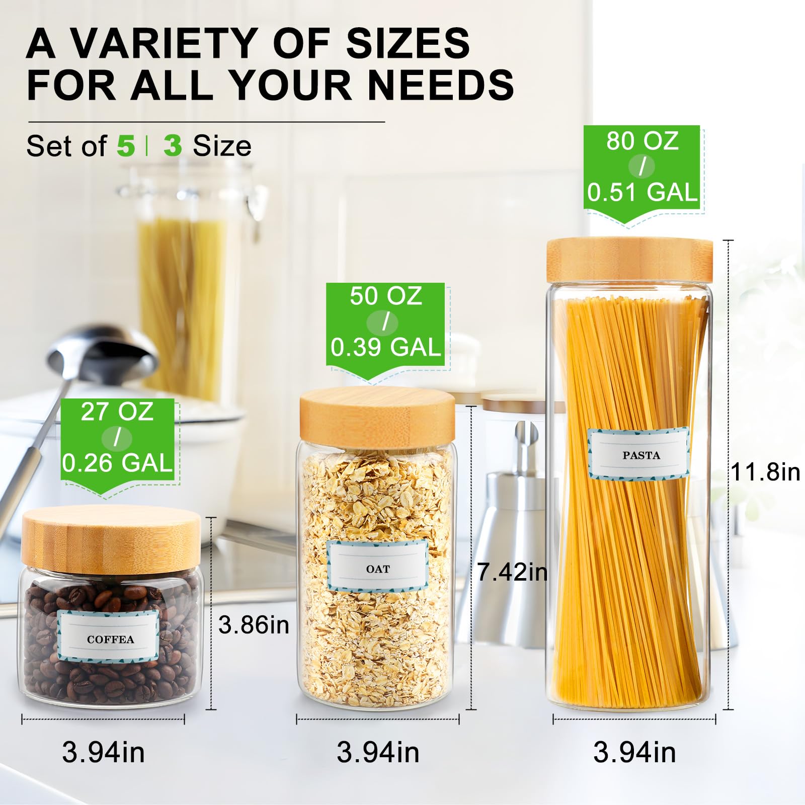 AISIPRIN juego de jarras 50oz con tapas de bambú, ideales para pasta y cereales.