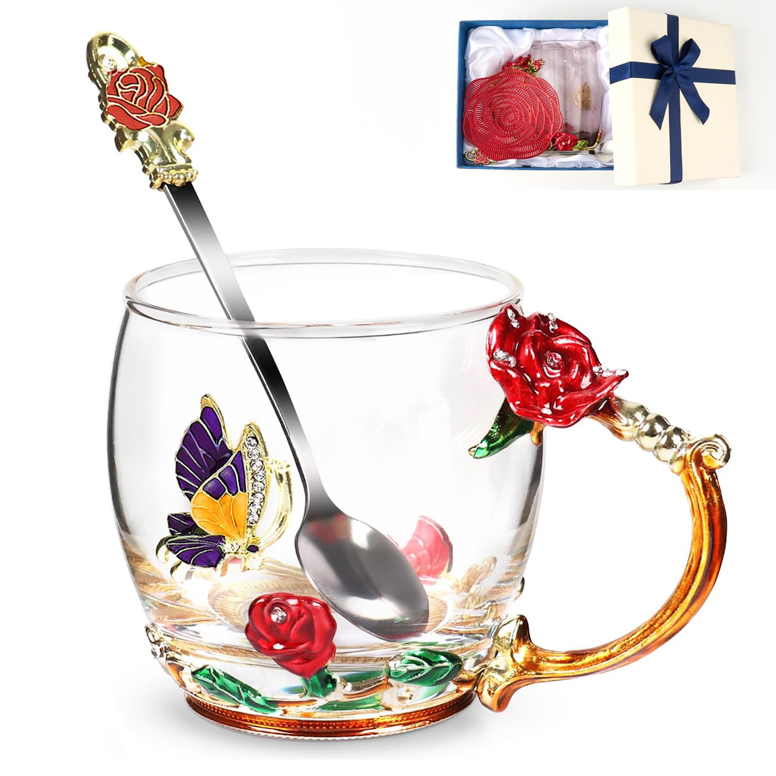 Taza AISVELDY flor y mariposa en cristal, ideal para té o café elegante.