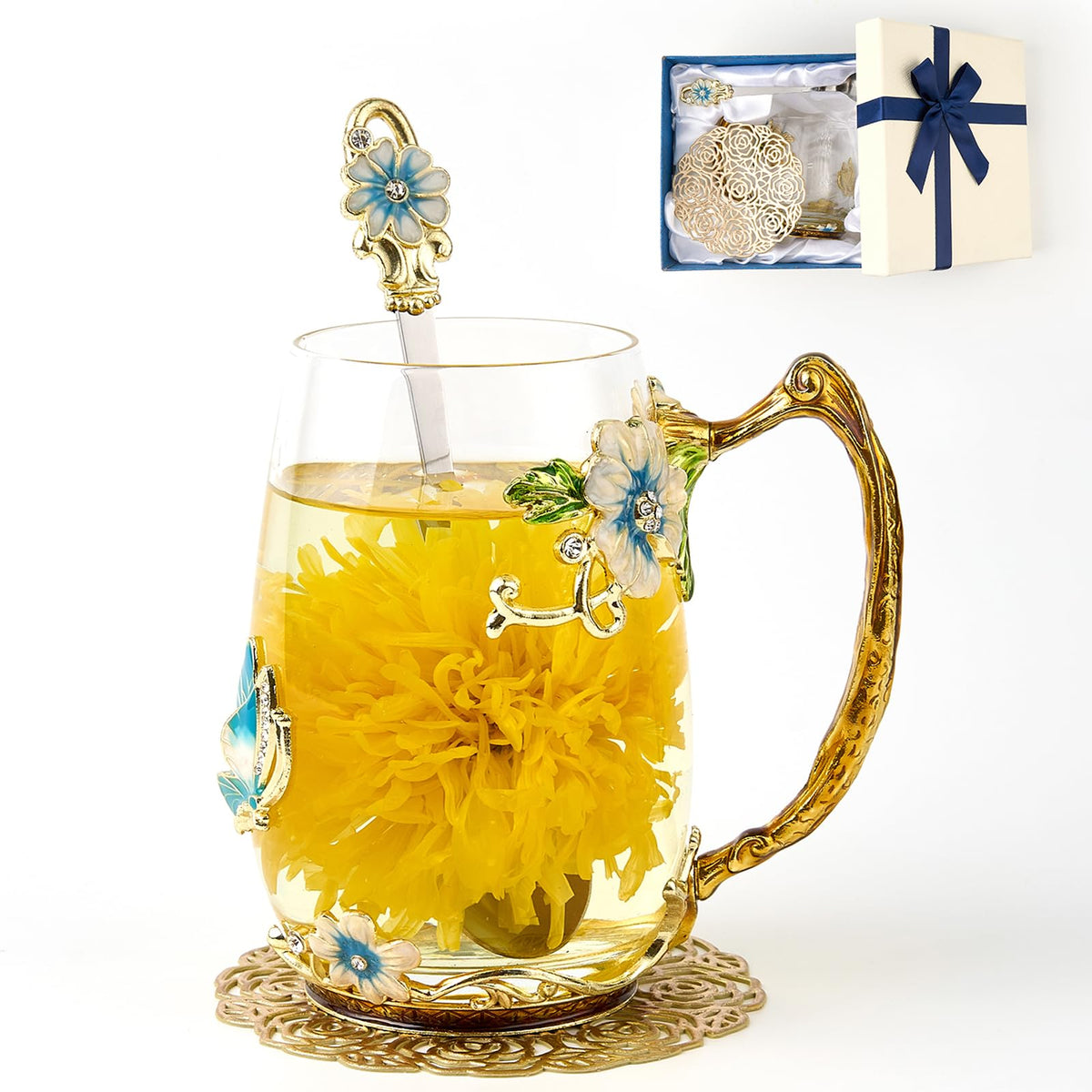 AISVELDY Taza de té con margarita azul y mariposa en 3D, ideal para beber en casa.