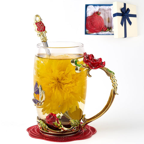 AISVELDY Taza flor rosa mariposa en vidrio claro para té diario.