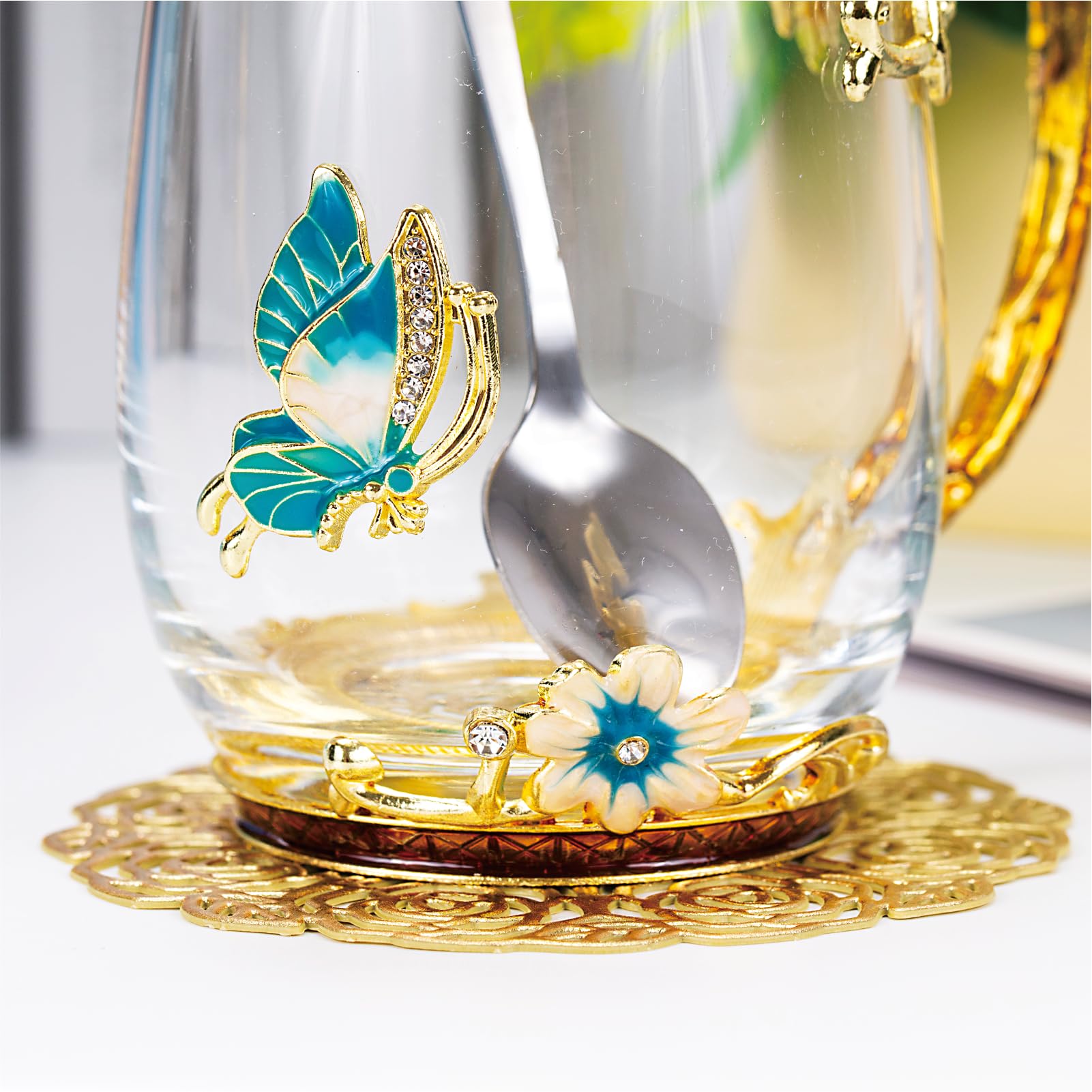 AISVELDY taza de té: vidrio de calidad y metal ecológico para uso sostenible.