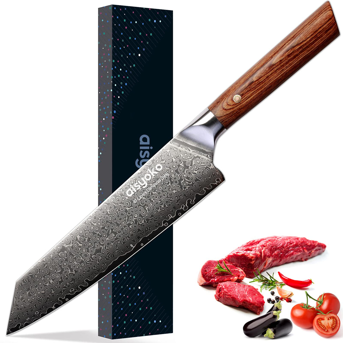 Cuchillo Aisyoko de 8 pulgadas con damasco y textura natural para lujo en la cocina.