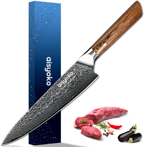 Cuchillo de cocina Damascus Aisyoko 8 pulgadas, hoja VG10 para cortes precisos