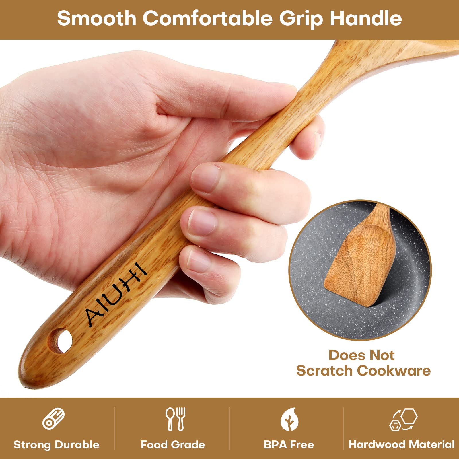 AIUHI cucharas teca con asa ergonómica, mayor comodidad en la cocción