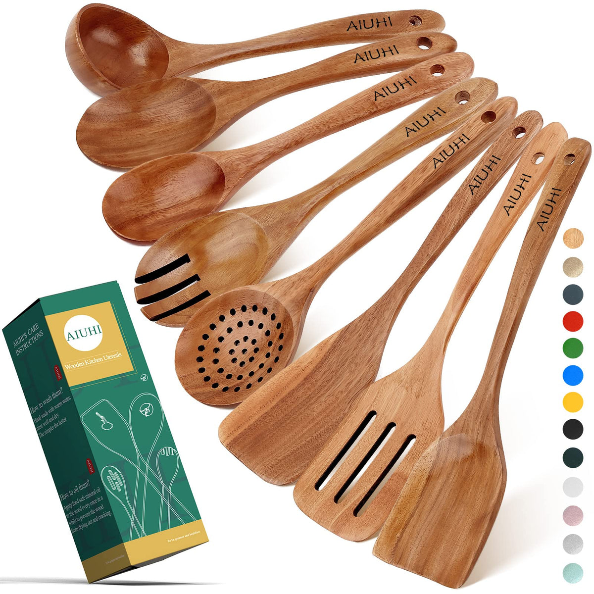 AIUHI cucharas de madera teca, 8 piezas, útiles para cocinar sin dañar sartenes antiadherentes
