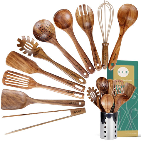 AIUHI juego de utensilios de cocina en teca con porta utensilios para ordenar la cocina.