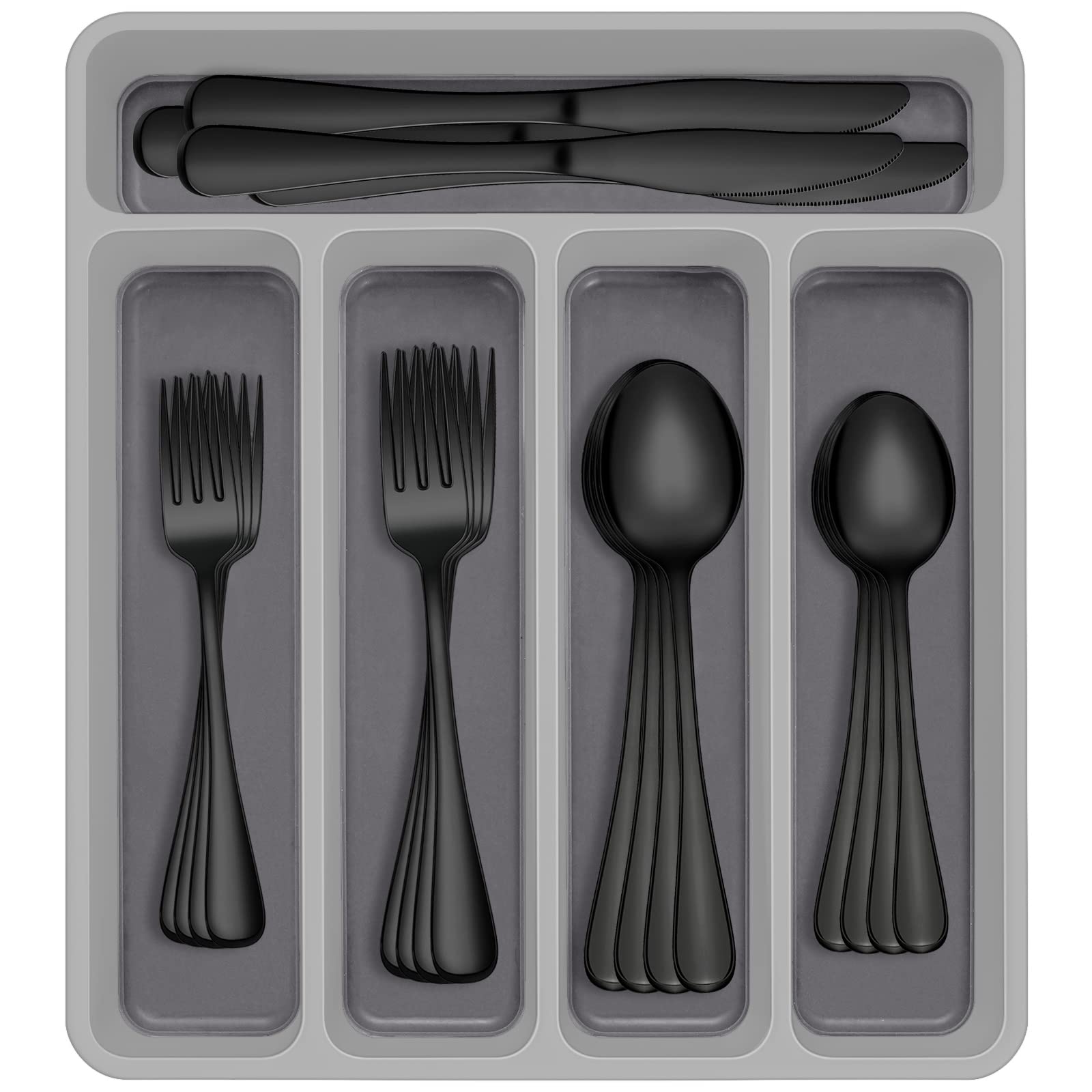 AIVIKI: juego de cubiertos negro de 60 piezas con organizador, ideal para uso diario.
