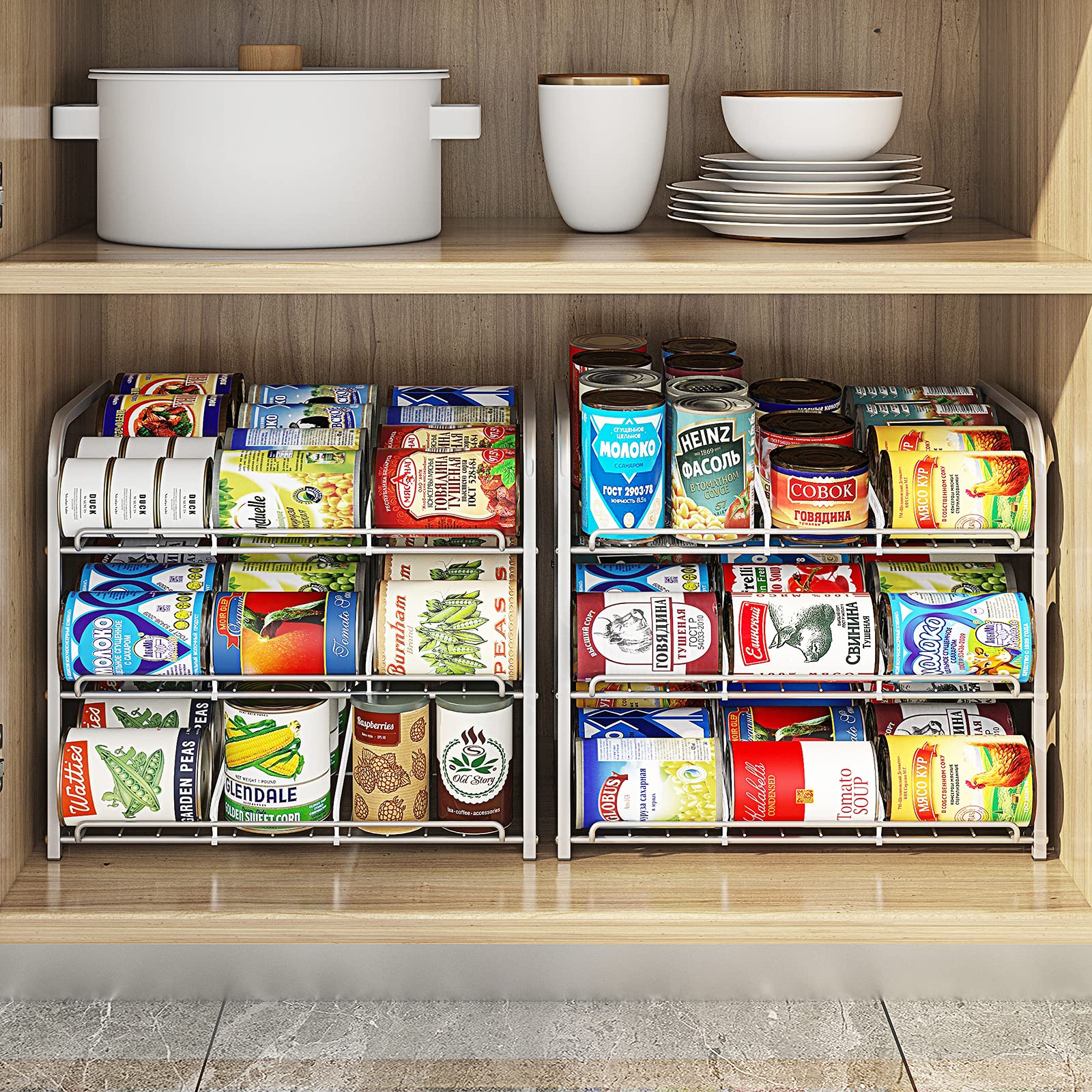 AIYAKA organizador de latas tres niveles, detalle divisiones ajustables para ordenar.