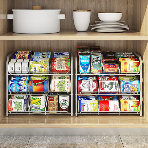 AIYAKA organizador de latas tres niveles, detalle divisiones ajustables para ordenar.