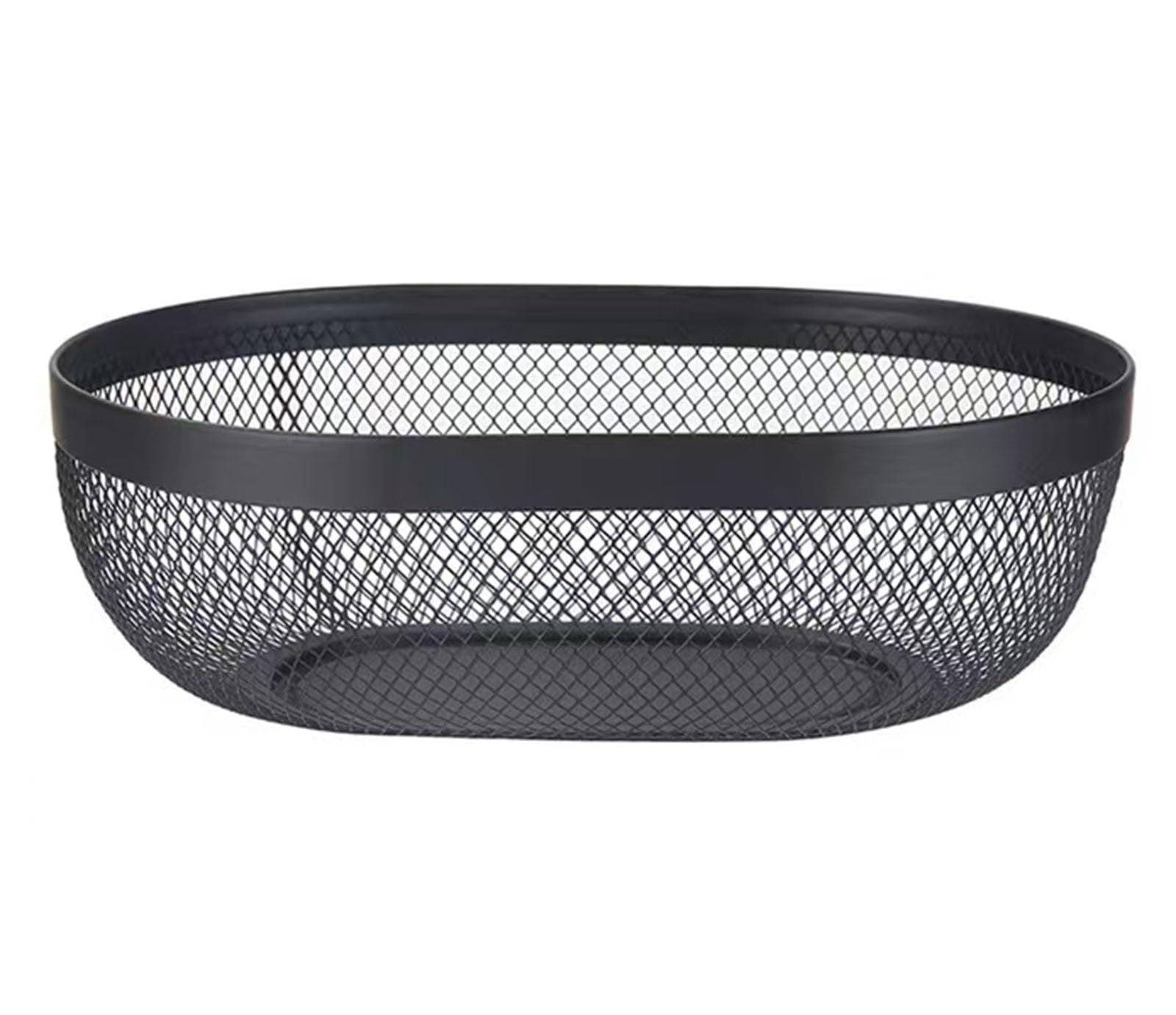 Cesta AJIODA de malla ovalada negra, vista superior; perfecta para ordenar la encimera.