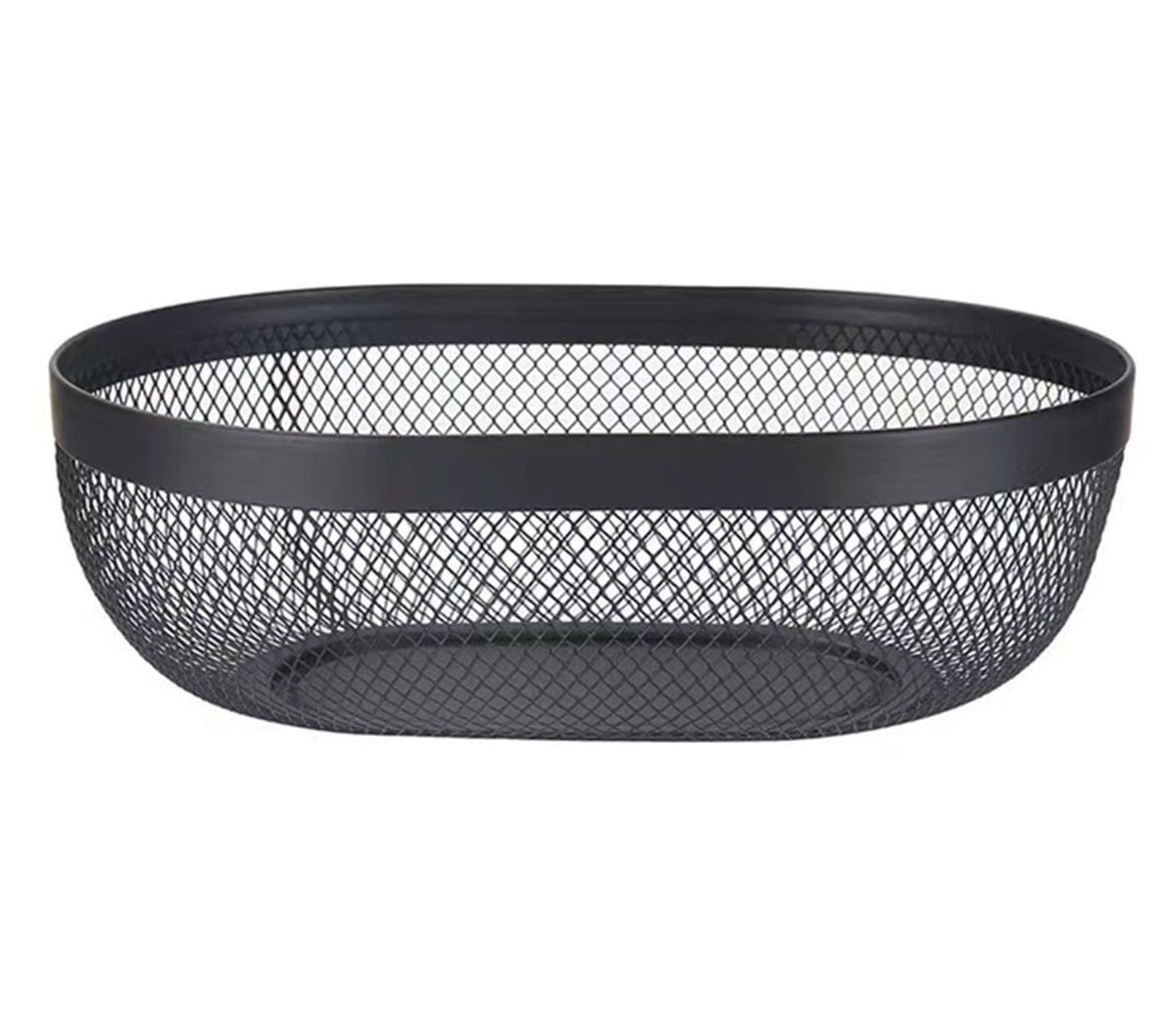 Cesta AJIODA de malla ovalada negra, vista superior; perfecta para ordenar la encimera.