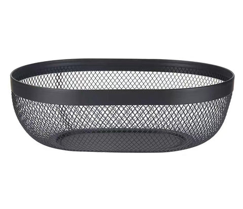 Cesta AJIODA de malla ovalada negra, vista superior; perfecta para ordenar la encimera.
