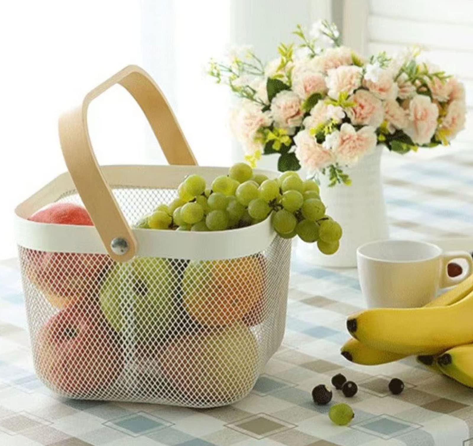 AJIODA cesta móvil de malla metálica, ideal para cocina y mesa.