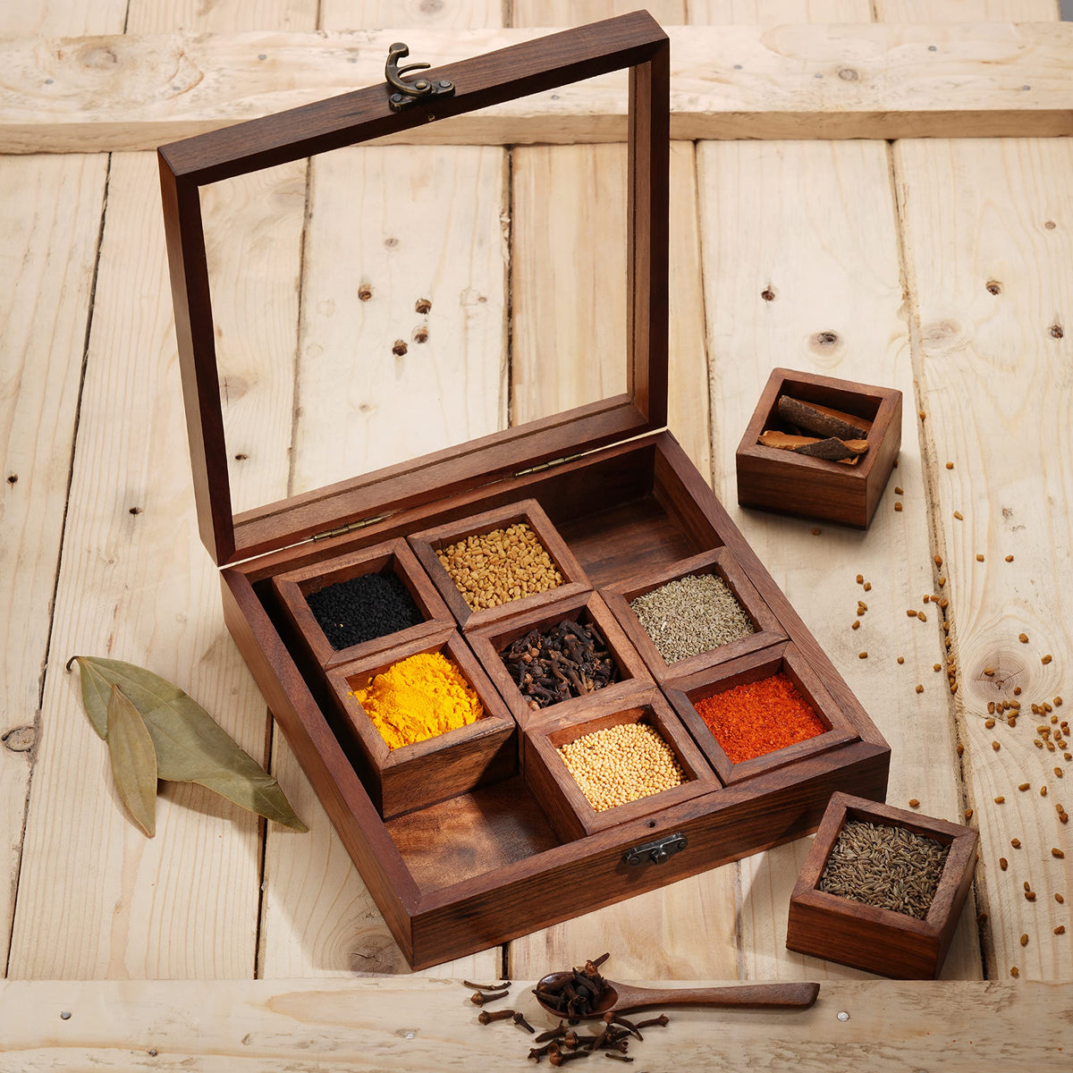 Ajuny caja de especias de madera con tapa de vidrio, organización elegante para la cocina.