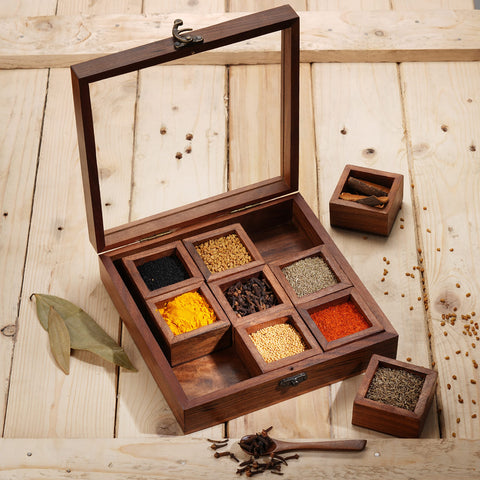 Ajuny caja de especias de madera con tapa de vidrio, organización elegante para la cocina.