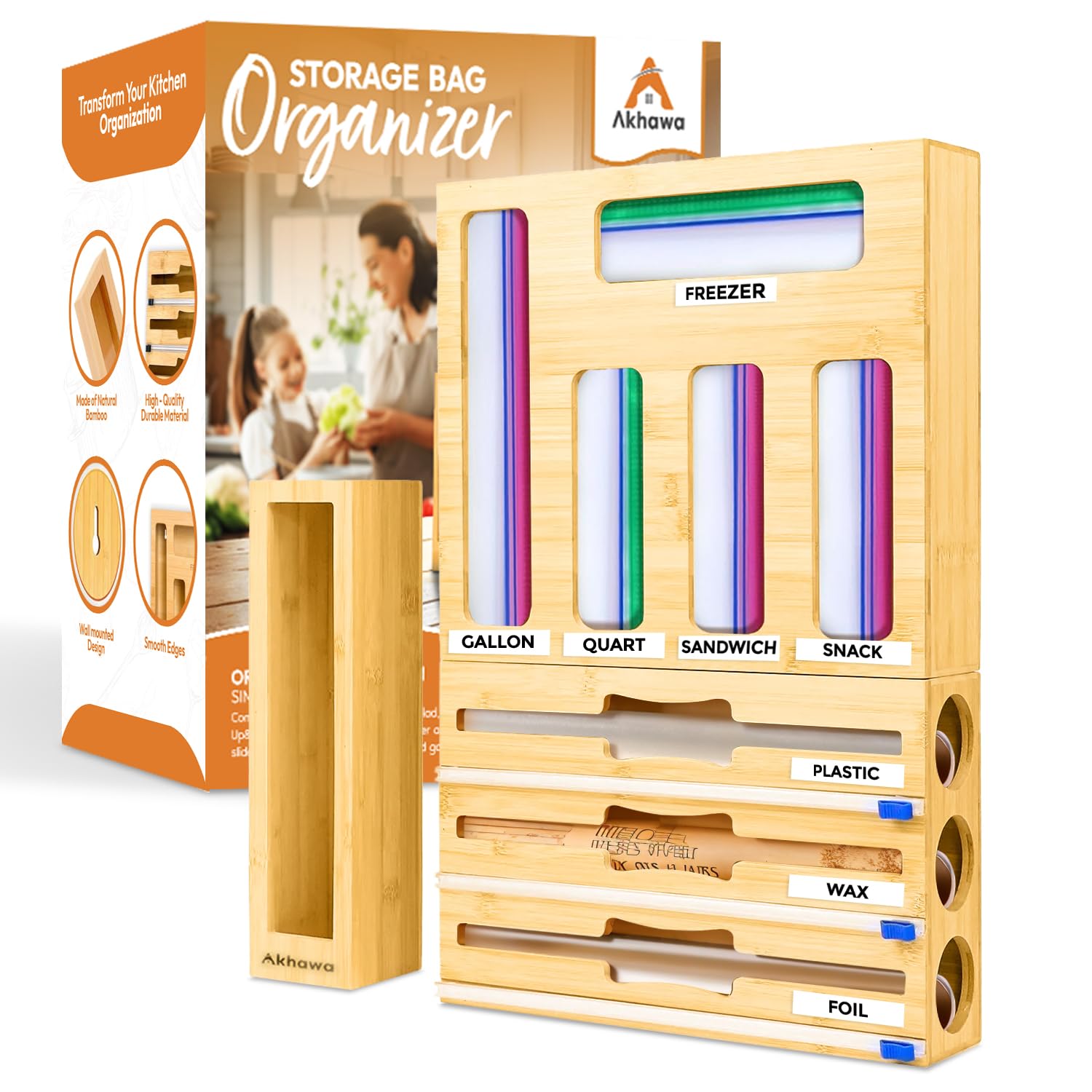Akhawa organizador de bolsas para cajón de cocina, orden y acceso rápido.