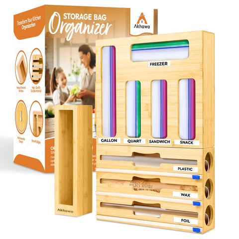 Akhawa organizador de bolsas para cajón de cocina, orden y acceso rápido.